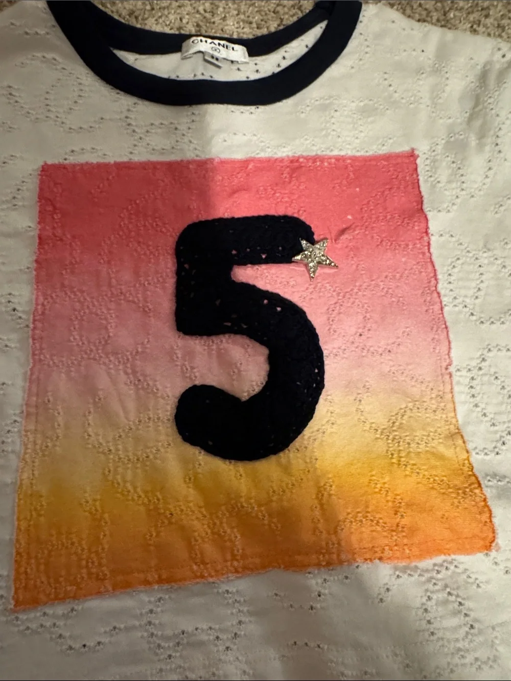 CHANEL White Eyelet Tee with Ombre Pink-Yellow Square and Black '5'